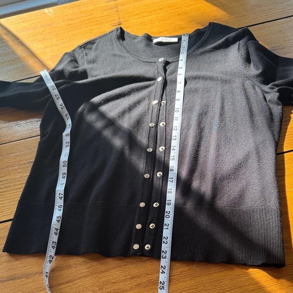 White House Black Market Black Cardigan silver snaps 70%Rayon 30%Nylon size L - Picture 3 of 6